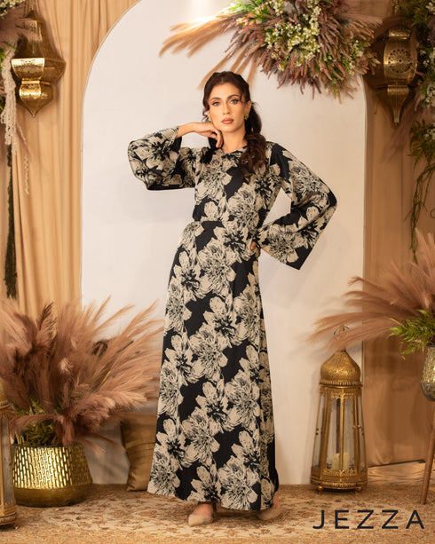 Satin Dress with Printed Statement Sleeves 62781